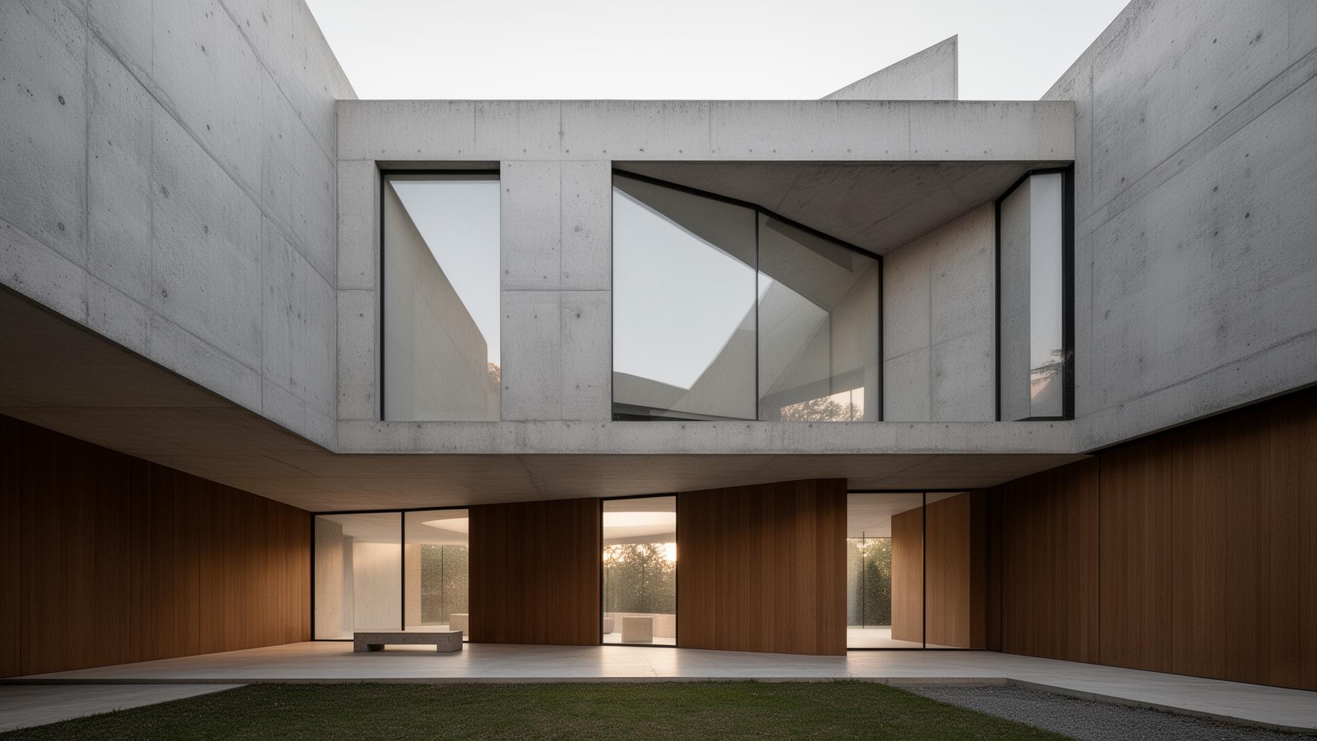 Concrete and oak courtyard at dusk